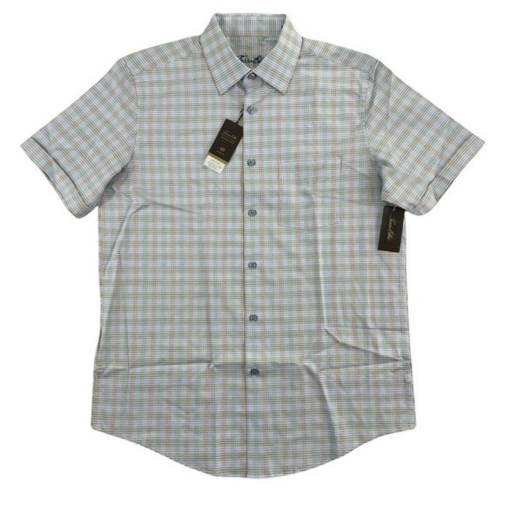 Tasso Elba Mens Stretch Mini-Box Dobby Plaid Short Sleeve Button Down Shirt M
